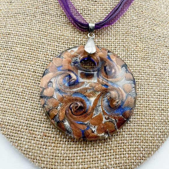Vintage Murano Blue Glass Swirl Pendant 18K Gold Foil with 18 KGP Boho Retro - Picture 2 of 7